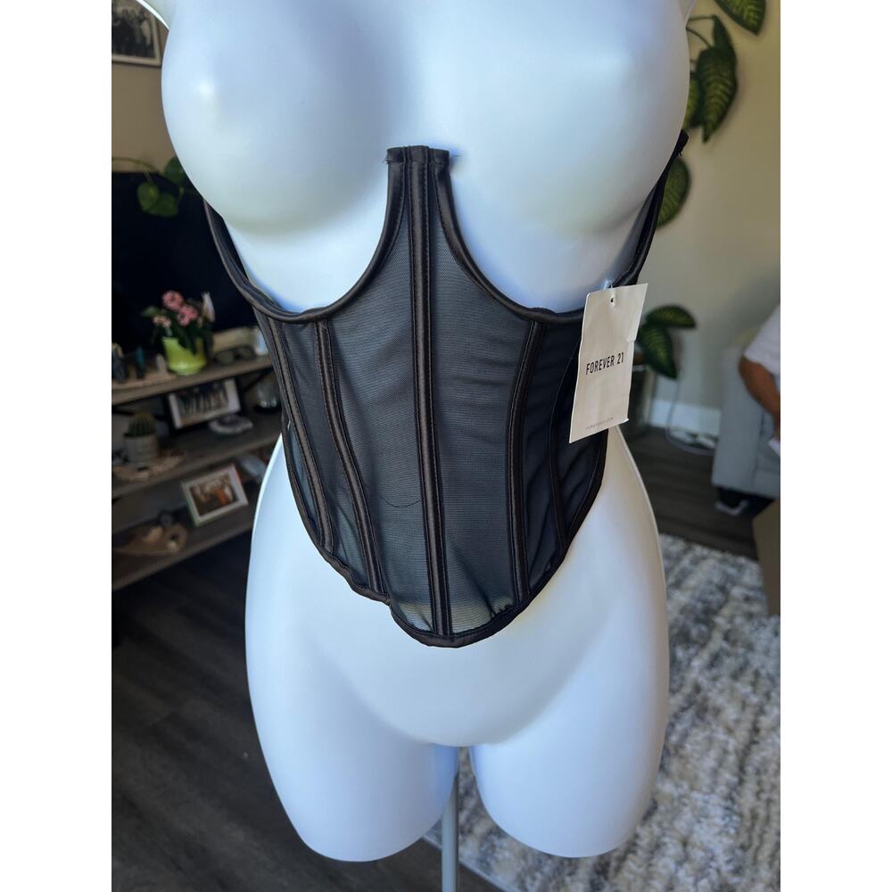 Forever 21 Black Strapless Mesh Bustier Corset Top Semi-Sheer Women Size S #472